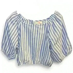 GB Girls XL blue/white Striped Puff-Sleeve Crop Top Blouse